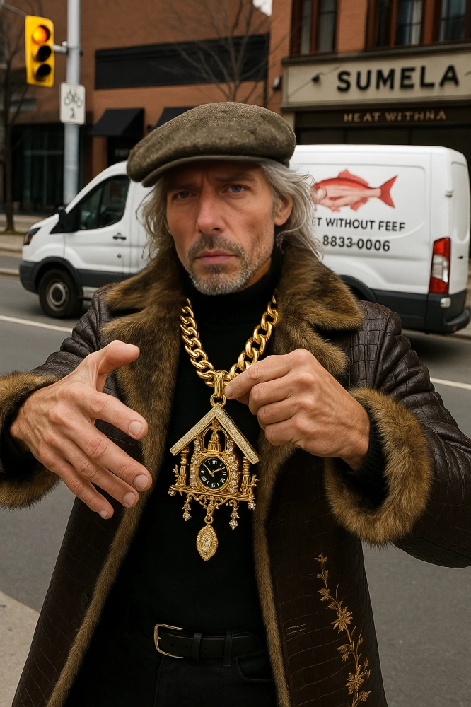 An AI human showing the camera a big golden chain