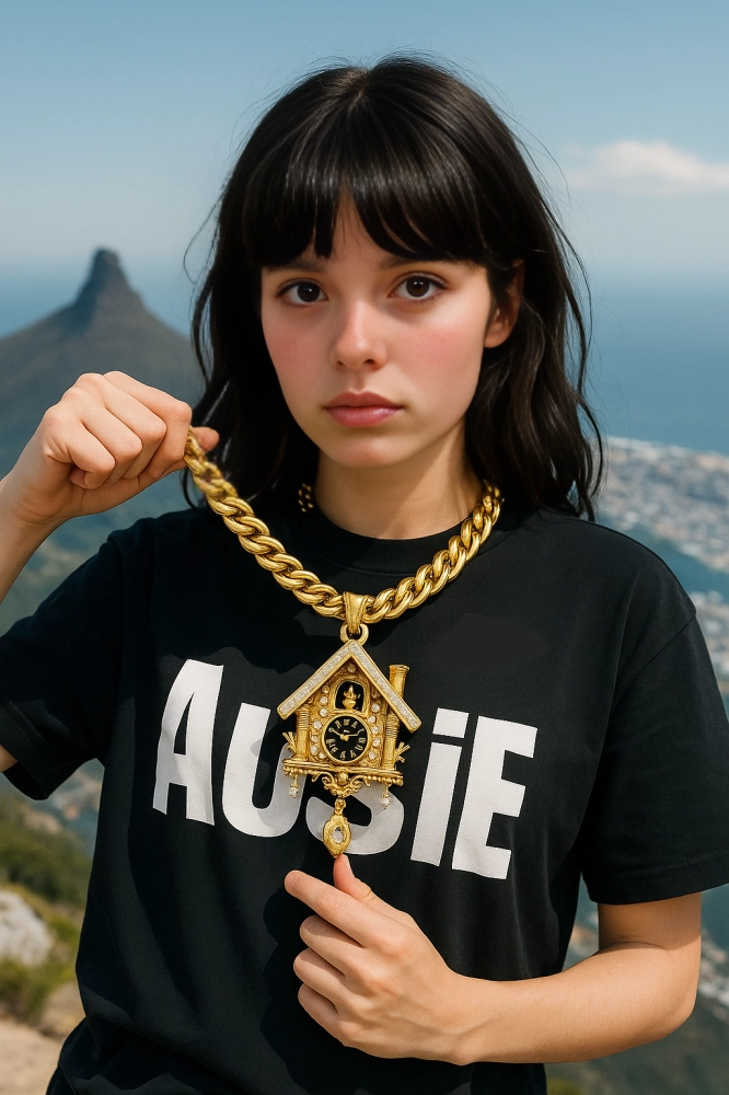 A human generated with AI posing with large gold chain