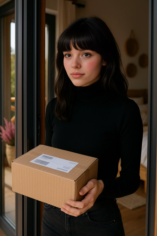 An AI human posing with a postal package