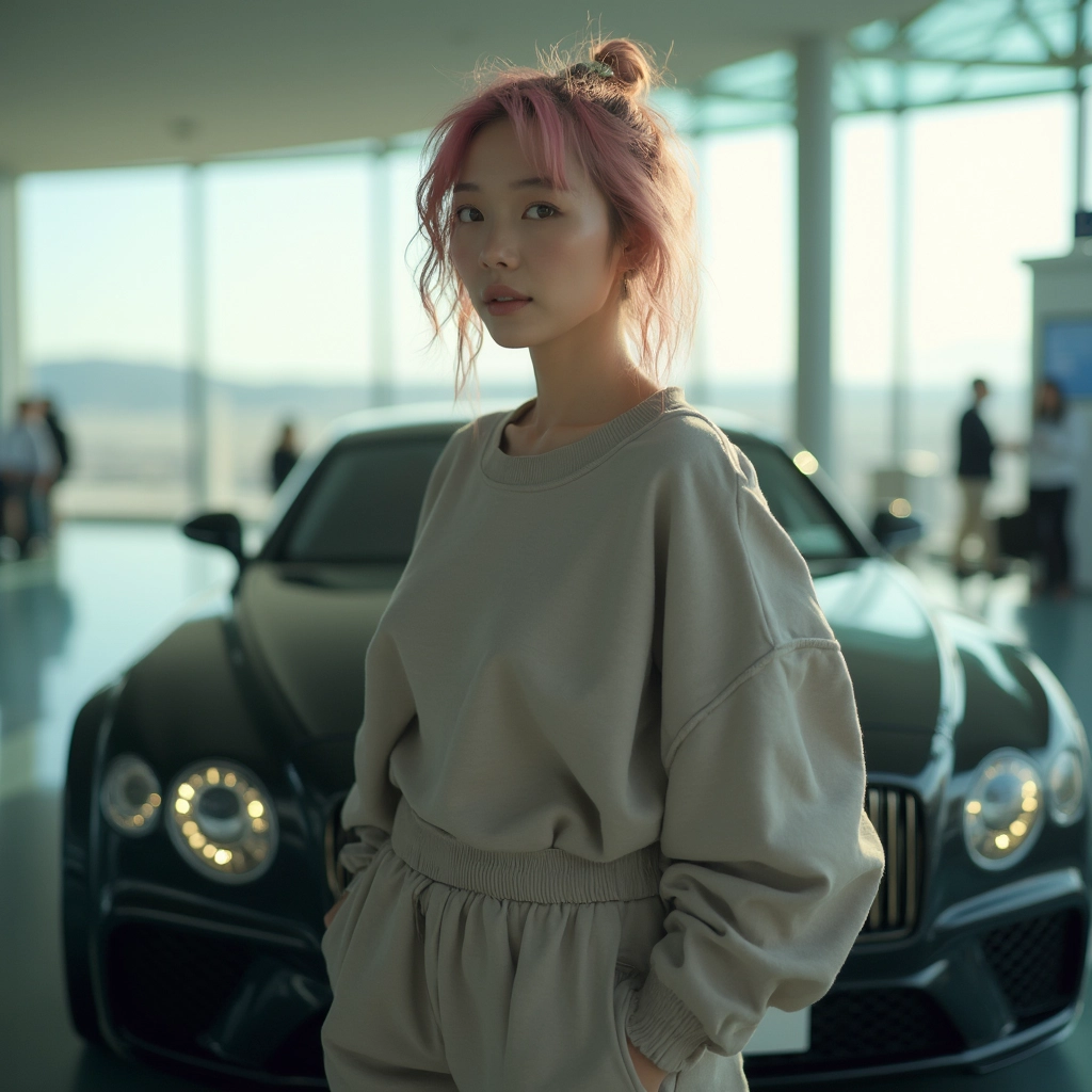 A stylish individual, donned in a trendy oversized sweatshirt and joggers, lounges comfortably in a luxury car. The airport terminal buzzes outside, offering a glimpse of bustling travelers and planes taking off. Experience the charm of travel with a serene drive scene as the main backdrop.