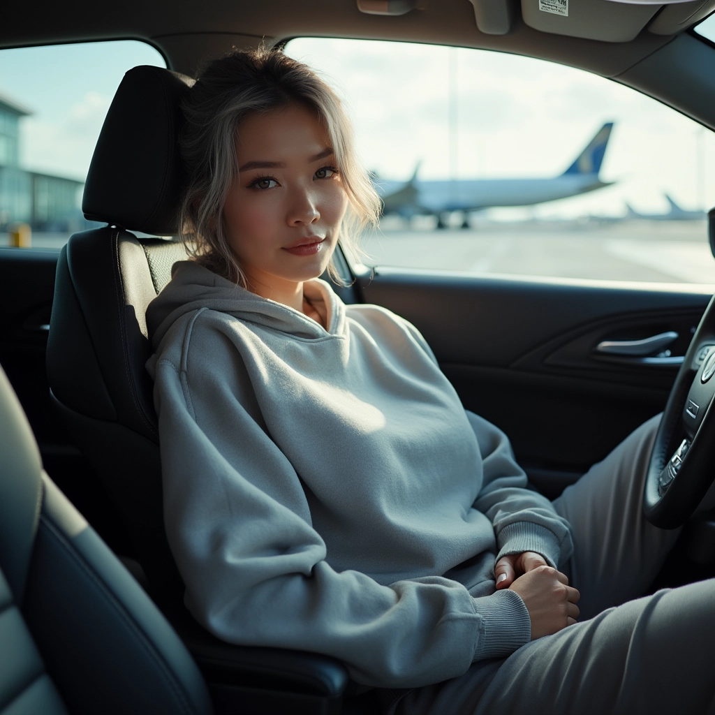 Imagine a stylish individual in an airport terminal, exuding the "Car Vibes Pose" in a trendy, oversized sweatshirt and joggers. The backdrop evokes the feel of a luxury car with hints of a scenic drive, blending chic fashion with a sense of adventure and wanderlust.