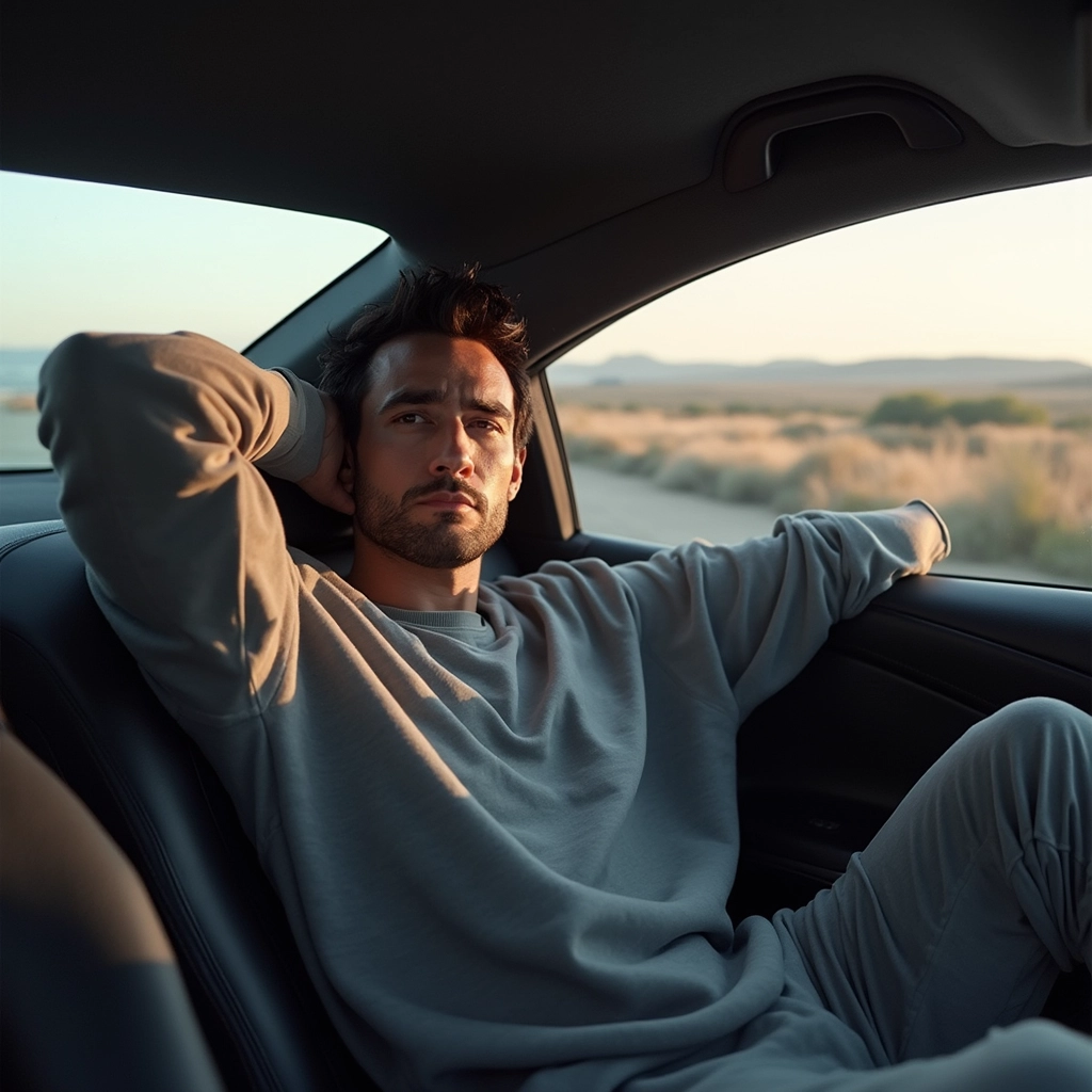 Capture the essence of "The Car Vibes Pose." Picture a stylish individual in an oversized sweatshirt and joggers, lounging comfortably inside a luxurious car. The background features a breathtaking scenic drive, highlighting the fusion of fashion and elegance against a stunning backdrop.