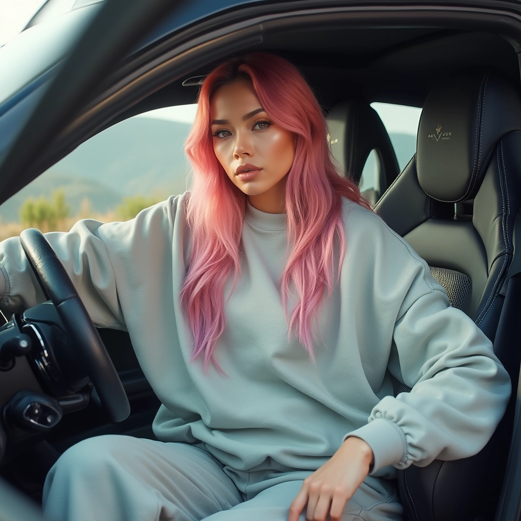 "Picture a fashion-forward individual lounging inside a luxury car, basking in the ambiance of a scenic drive. They're effortlessly stylish in an oversized sweatshirt and joggers, embodying the epitome of casual chic. The relaxed vibe is amplified by the plush car interior and the rolling landscape beyond."