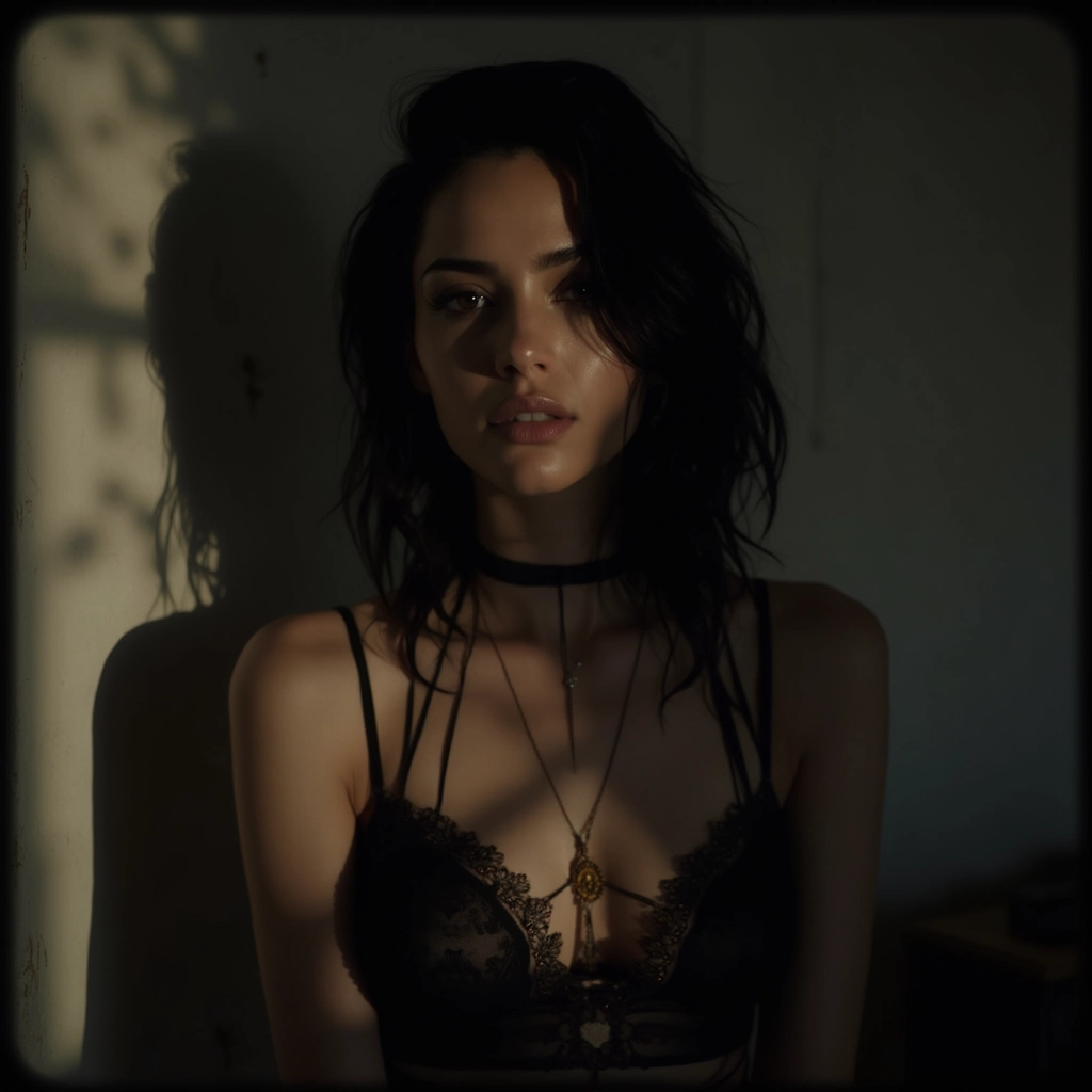 A mysterious figure stands in a dimly lit room, draped in elegant gothic lingerie. Velvet and lace intertwine, casting intricate shadows on the walls. The atmosphere is moody yet captivating, with ornate decorations adding a touch of allure to the scene. A sense of intrigue fills the air.
