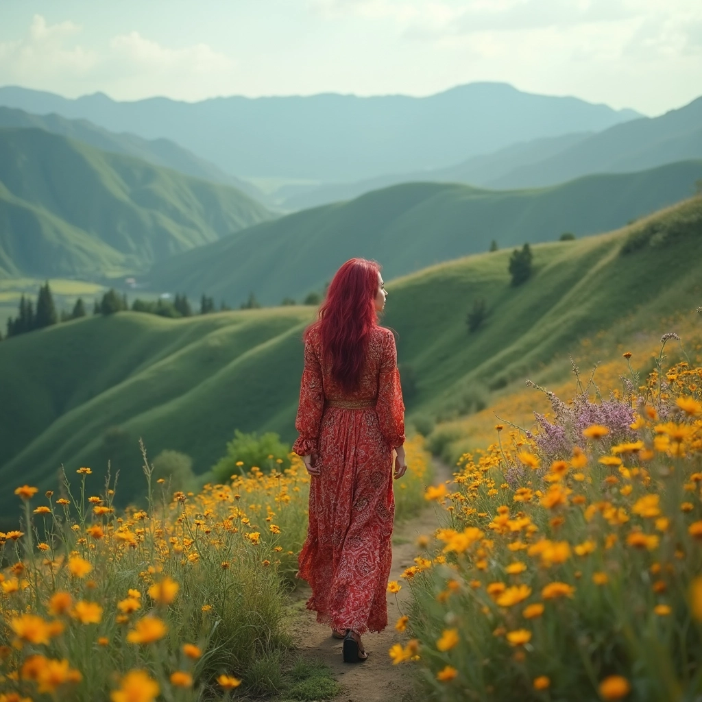 Beautiful girl romance on the hill and walking and sad
