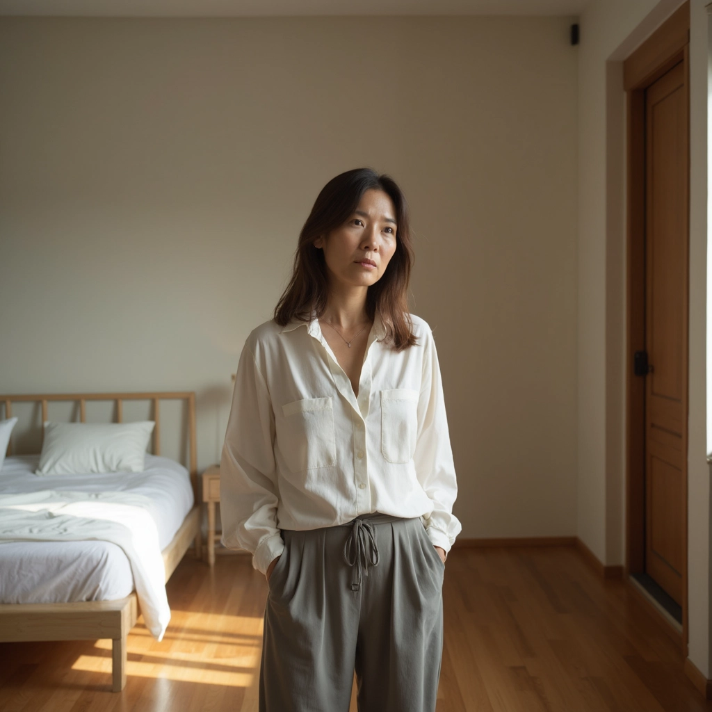 Create a captivating image of a person peacefully resting on a bed with a serene, snowy landscape visible through a nearby window. Soft light filters into the room, highlighting intricate frost patterns on the glass. The scene conveys tranquility and warmth, merging the coziness of indoors with the beauty of winter outside.