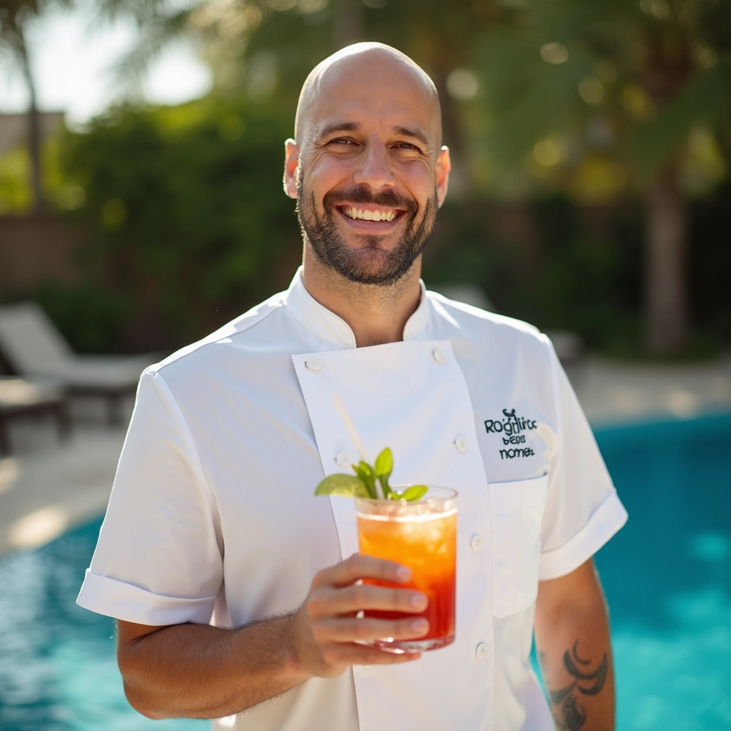 A vibrant scene with a blonde young woman featuring captivating brown eyes and a beaming smile. She lounges by the poolside in Brazil, adorned with refreshing drinks, exuding charm and joy as she gazes into the camera, capturing the essence of sunny leisure and a spirited influencer lifestyle.