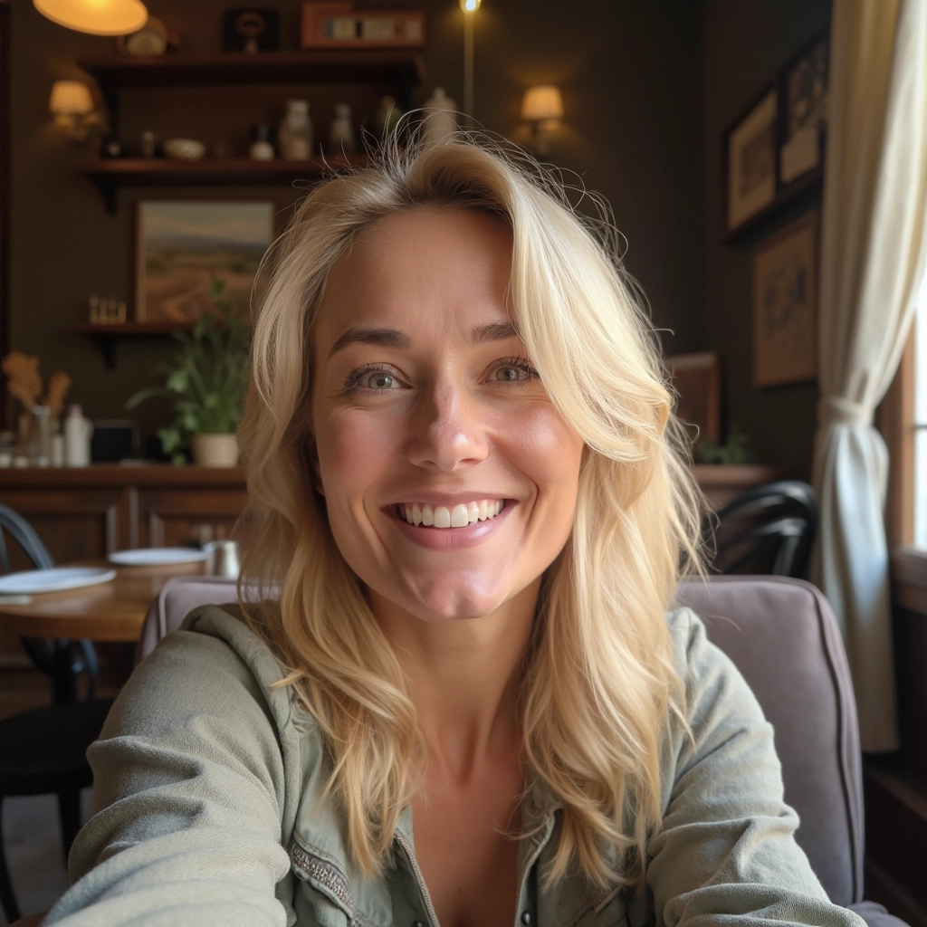 Capture a candid selfie at a cozy, everyday restaurant for TikTok. Picture natural lighting highlighting Emma's genuine smile as she sits at a simple, inviting dining table. The scene exudes warmth and relatability, with an emphasis on authenticity and a friendly atmosphere.