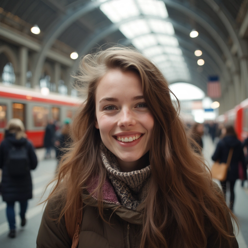 A vibrant scene at Helsinki Railway Station captures a person joyfully engaged in dynamic activities. Surrounded by the architectural charm of the station, lively expressions and movements convey the essence of fun, set against the backdrop of a bustling, creative atmosphere.