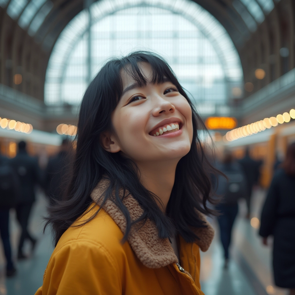 A joyful individual at Helsinki Railway Station, exuding vibrant energy amidst the historical architecture. Capture the essence of fun with a contagious smile and carefree spirit, set against an iconic backdrop of elegant arches and bustling life. Embrace the creativity and charm of the cityscape.