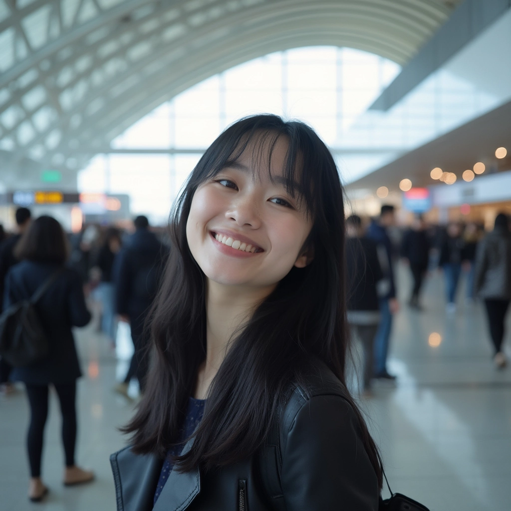 A person gleefully explores Helsinki's bustling airport, surrounded by vibrant crowds and travelers. Capture the energy and excitement as they navigate through sleek terminals adorned with modern design. The atmosphere buzzes with adventure as planes soar in the bright blue sky.