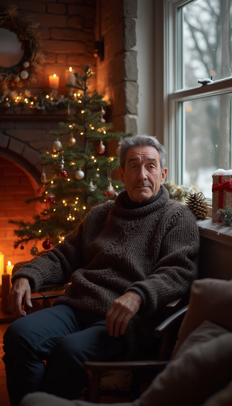 An man sitting in his home during christmas